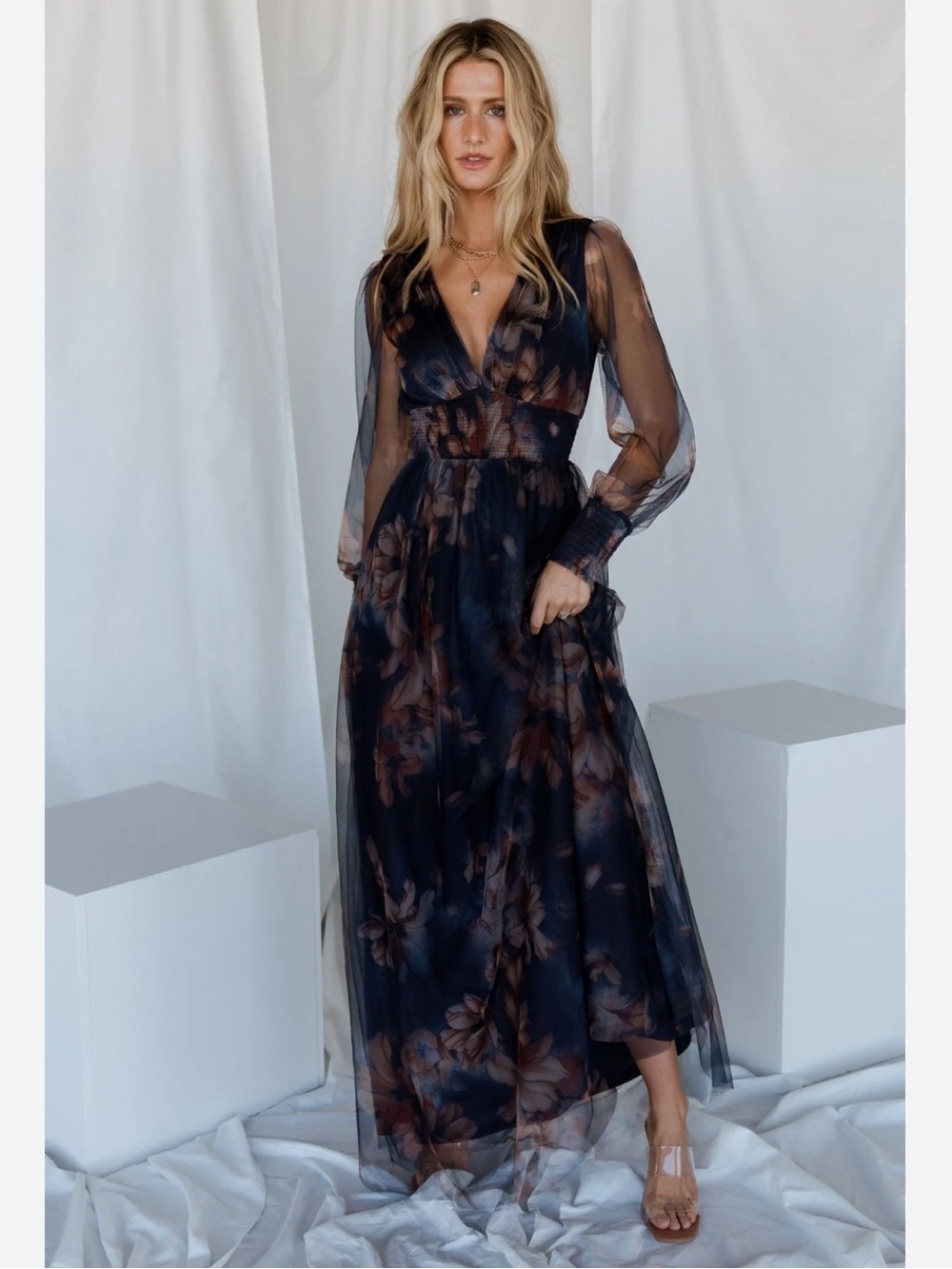 NWT Baltic Born Layla Tulle Maxi Dress Dark Blue Floral Size XS